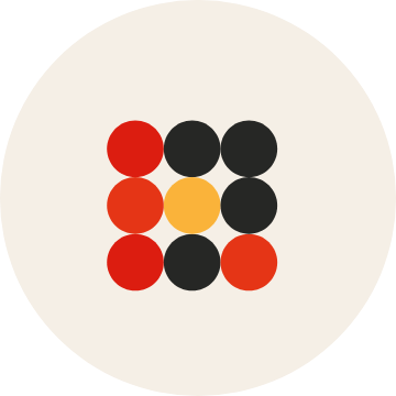 illustration, 9 circles in red, black, yellow, arranged to form a square